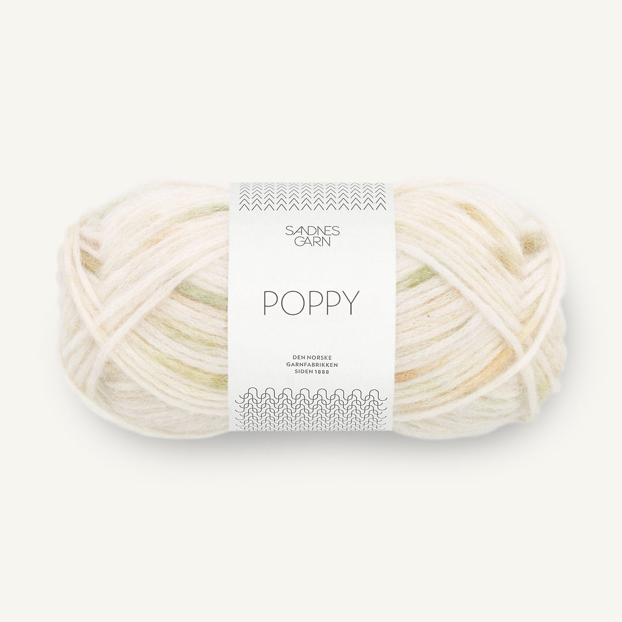 Poppy fra Sandnes garn i beige med grønne speckles. Blow garn.