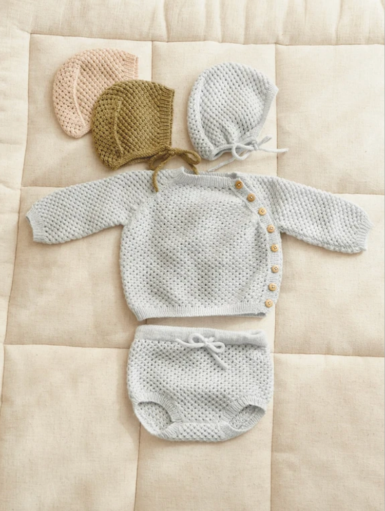 2413 Nr. 5 April Cardigan, Diaper Pants & Bonnet